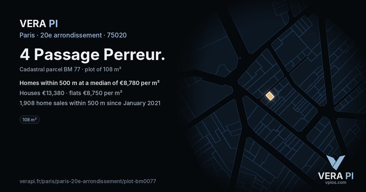 4 Passage Perreur, 20e arrondissement at night – the plot lit, the parcels around coloured by the prices near them