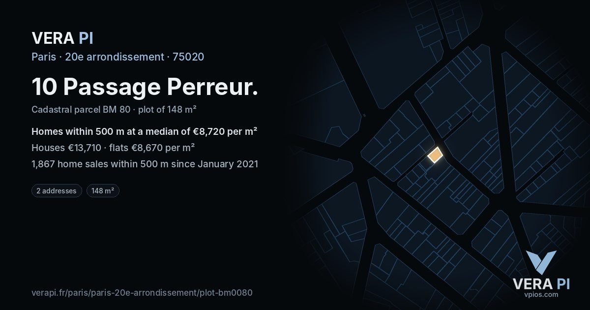 10 Passage Perreur, 20e arrondissement at night – the plot lit, the parcels around coloured by the prices near them