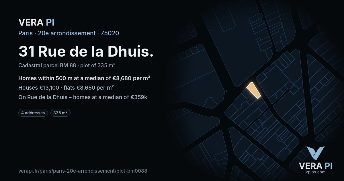 31 Rue de la Dhuis, 20e arrondissement at night – the plot lit, the parcels around coloured by the prices near them