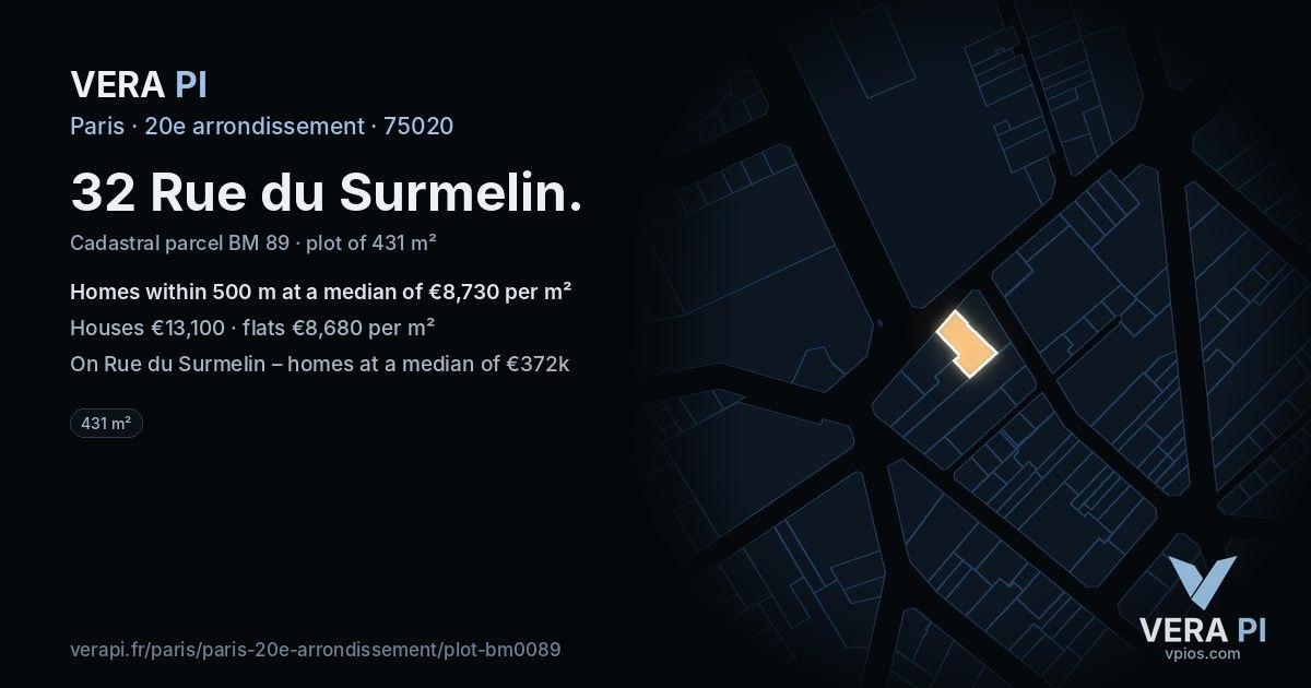 32 Rue du Surmelin, 20e arrondissement at night – the plot lit, the parcels around coloured by the prices near them