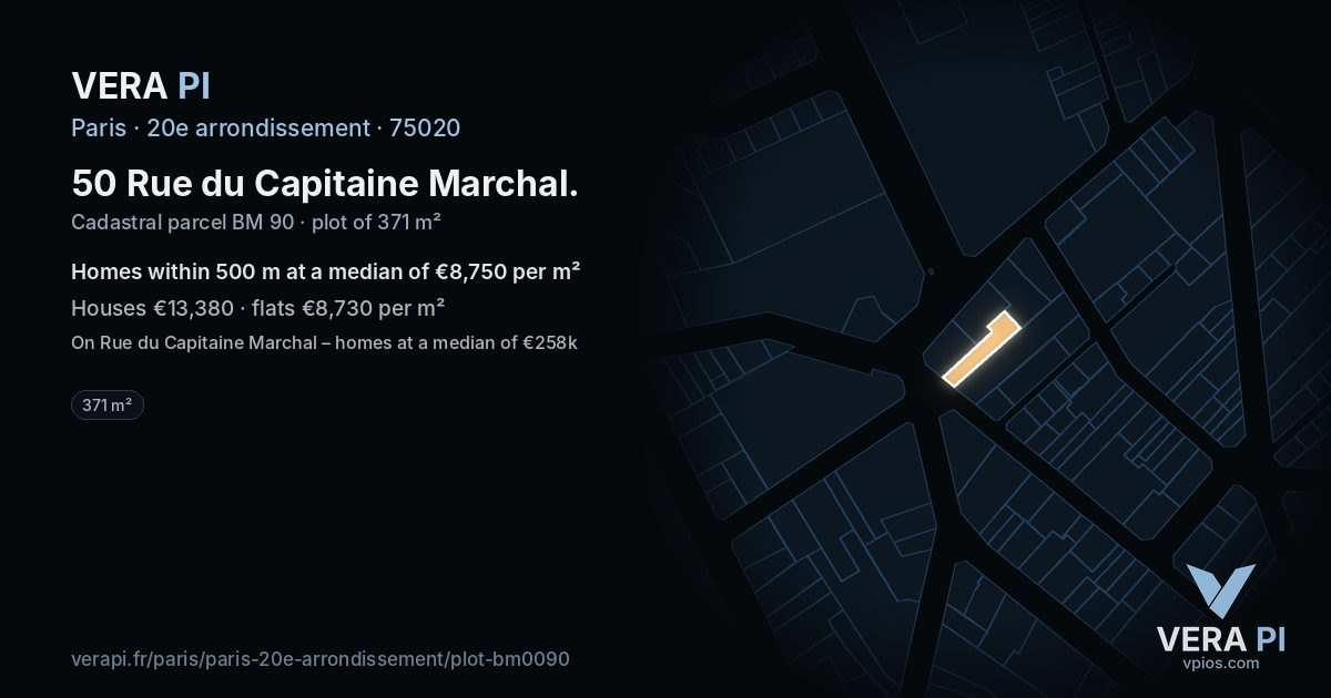 50 Rue du Capitaine Marchal, 20e arrondissement at night – the plot lit, the parcels around coloured by the prices near them