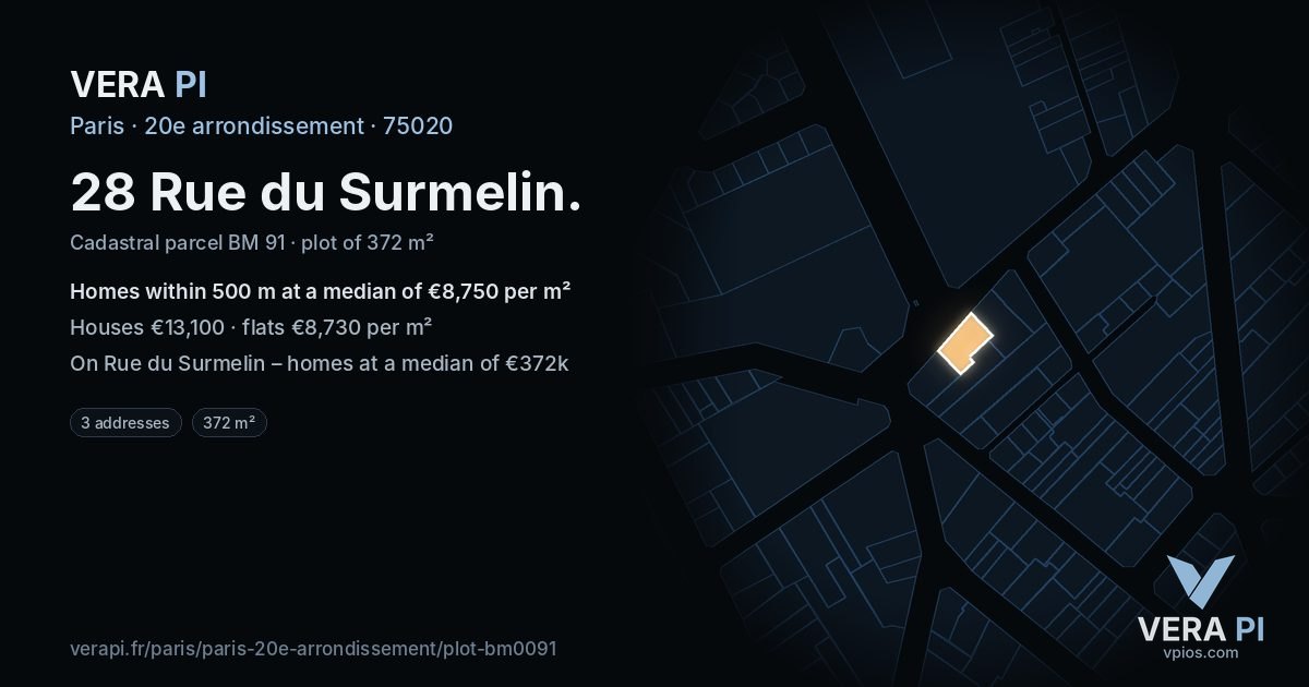 28 Rue du Surmelin, 20e arrondissement at night – the plot lit, the parcels around coloured by the prices near them
