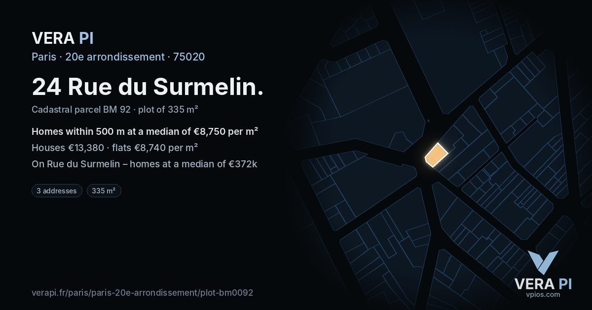 24 Rue du Surmelin, 20e arrondissement at night – the plot lit, the parcels around coloured by the prices near them
