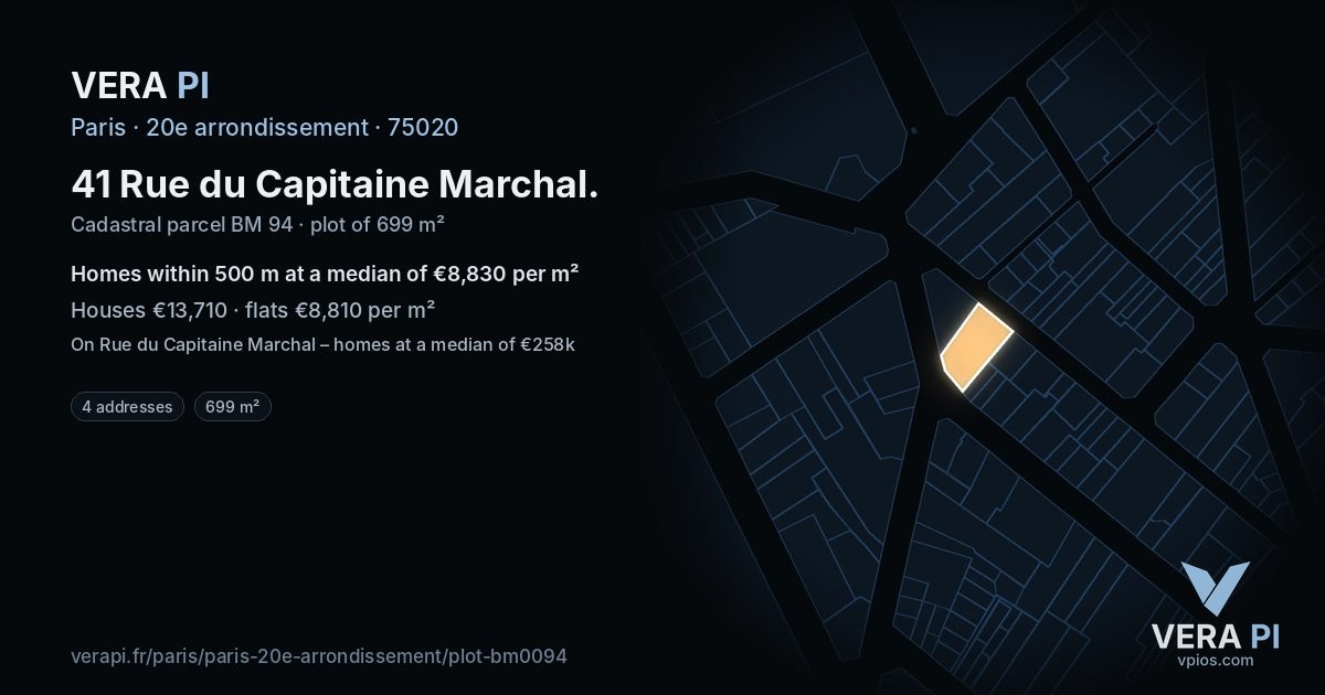 41 Rue du Capitaine Marchal, 20e arrondissement at night – the plot lit, the parcels around coloured by the prices near them
