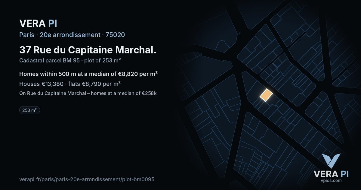 37 Rue du Capitaine Marchal, 20e arrondissement at night – the plot lit, the parcels around coloured by the prices near them
