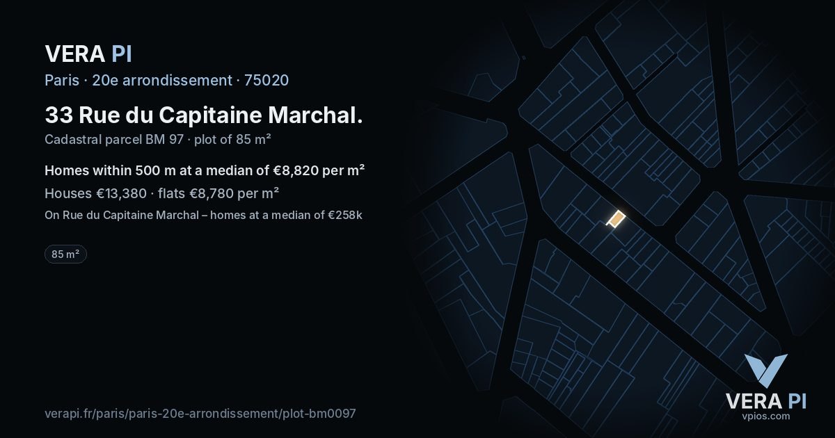 33 Rue du Capitaine Marchal, 20e arrondissement at night – the plot lit, the parcels around coloured by the prices near them