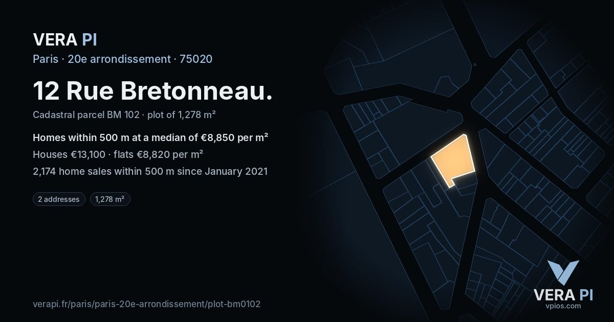 12 Rue Bretonneau, 20e arrondissement at night – the plot lit, the parcels around coloured by the prices near them