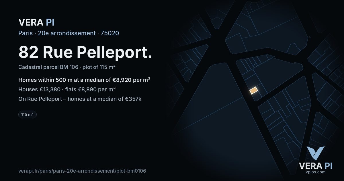 82 Rue Pelleport, 20e arrondissement at night – the plot lit, the parcels around coloured by the prices near them