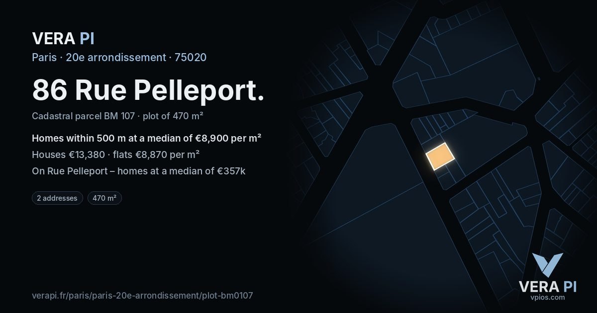 86 Rue Pelleport, 20e arrondissement at night – the plot lit, the parcels around coloured by the prices near them