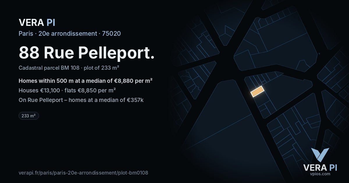 88 Rue Pelleport, 20e arrondissement at night – the plot lit, the parcels around coloured by the prices near them