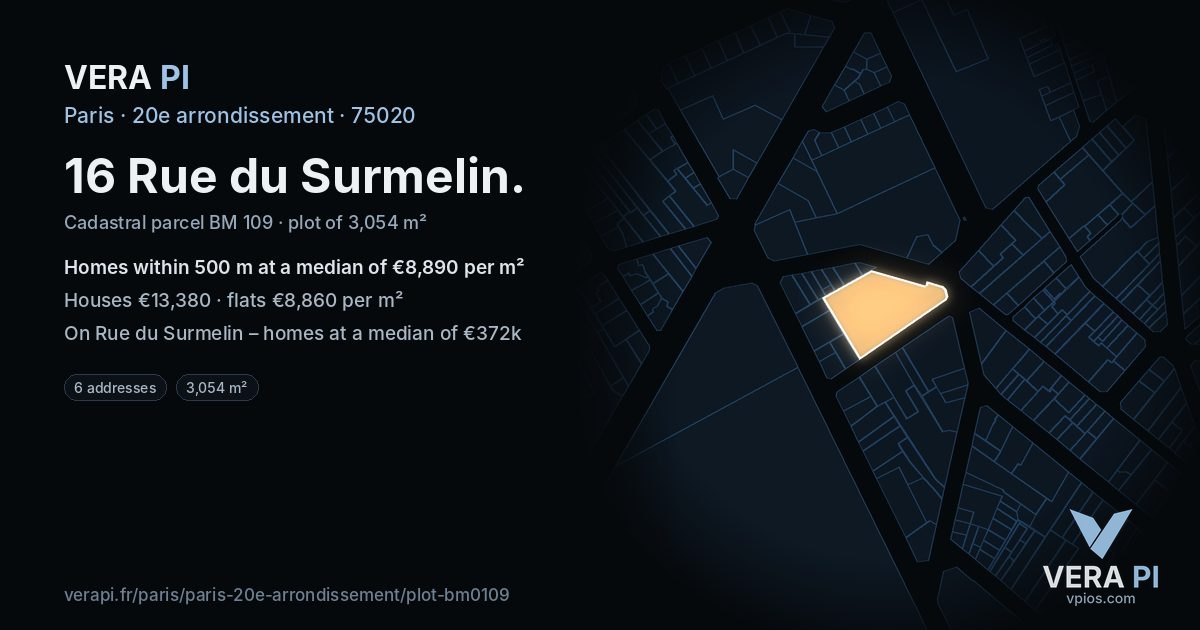 16 Rue du Surmelin, 20e arrondissement at night – the plot lit, the parcels around coloured by the prices near them