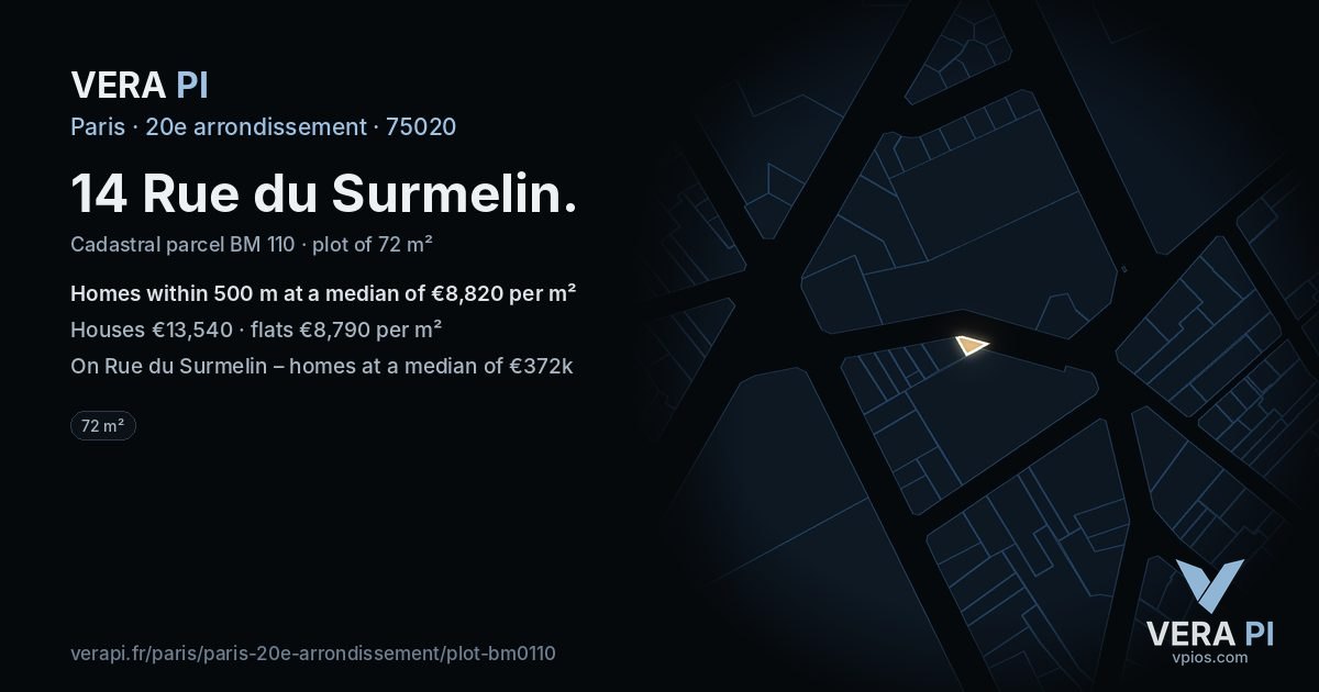 14 Rue du Surmelin, 20e arrondissement at night – the plot lit, the parcels around coloured by the prices near them