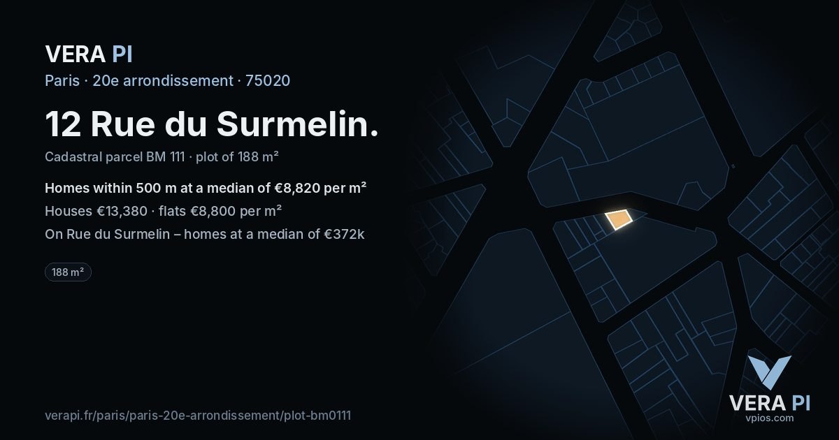 12 Rue du Surmelin, 20e arrondissement at night – the plot lit, the parcels around coloured by the prices near them