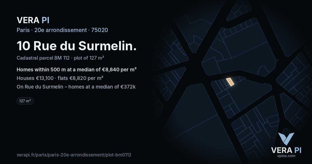 10 Rue du Surmelin, 20e arrondissement at night – the plot lit, the parcels around coloured by the prices near them