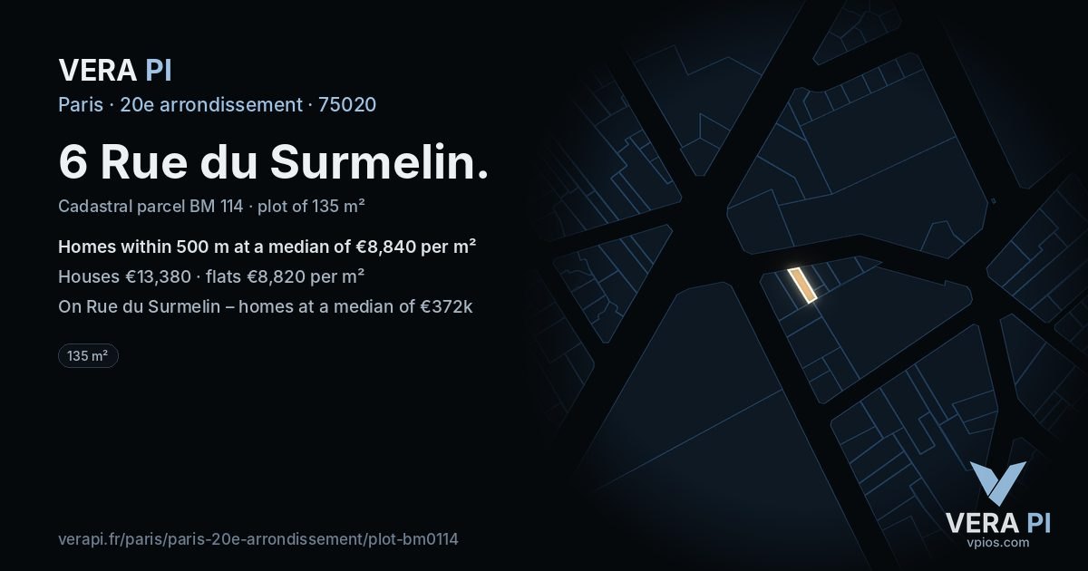 6 Rue du Surmelin, 20e arrondissement at night – the plot lit, the parcels around coloured by the prices near them