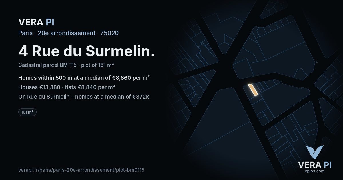 4 Rue du Surmelin, 20e arrondissement at night – the plot lit, the parcels around coloured by the prices near them