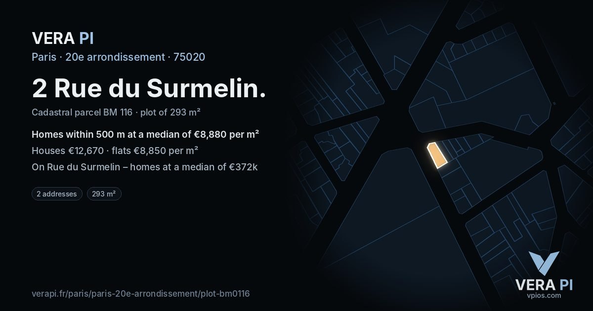 2 Rue du Surmelin, 20e arrondissement at night – the plot lit, the parcels around coloured by the prices near them