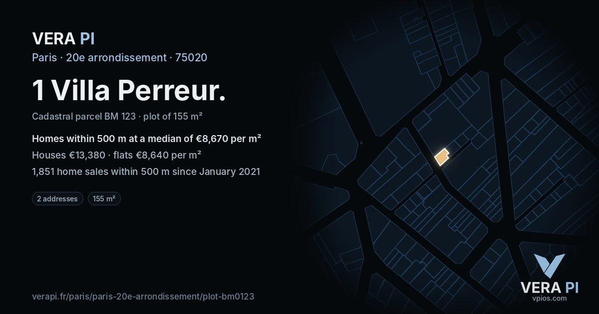 1 Villa Perreur, 20e arrondissement at night – the plot lit, the parcels around coloured by the prices near them
