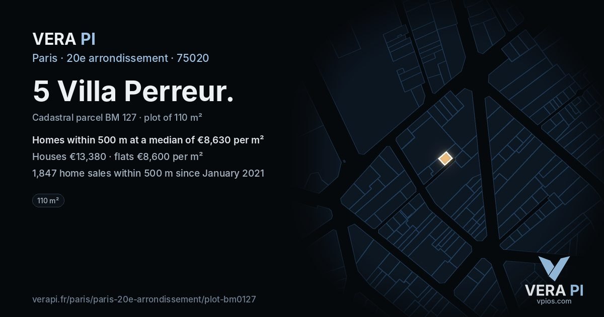 5 Villa Perreur, 20e arrondissement at night – the plot lit, the parcels around coloured by the prices near them