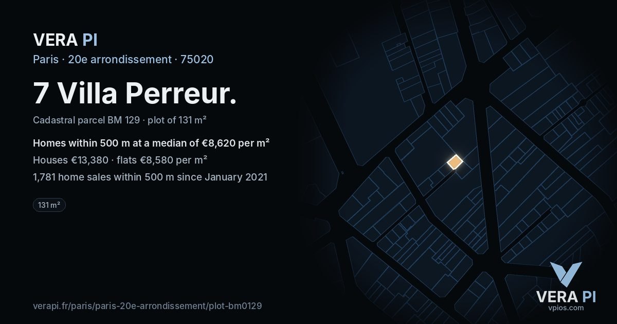 7 Villa Perreur, 20e arrondissement at night – the plot lit, the parcels around coloured by the prices near them