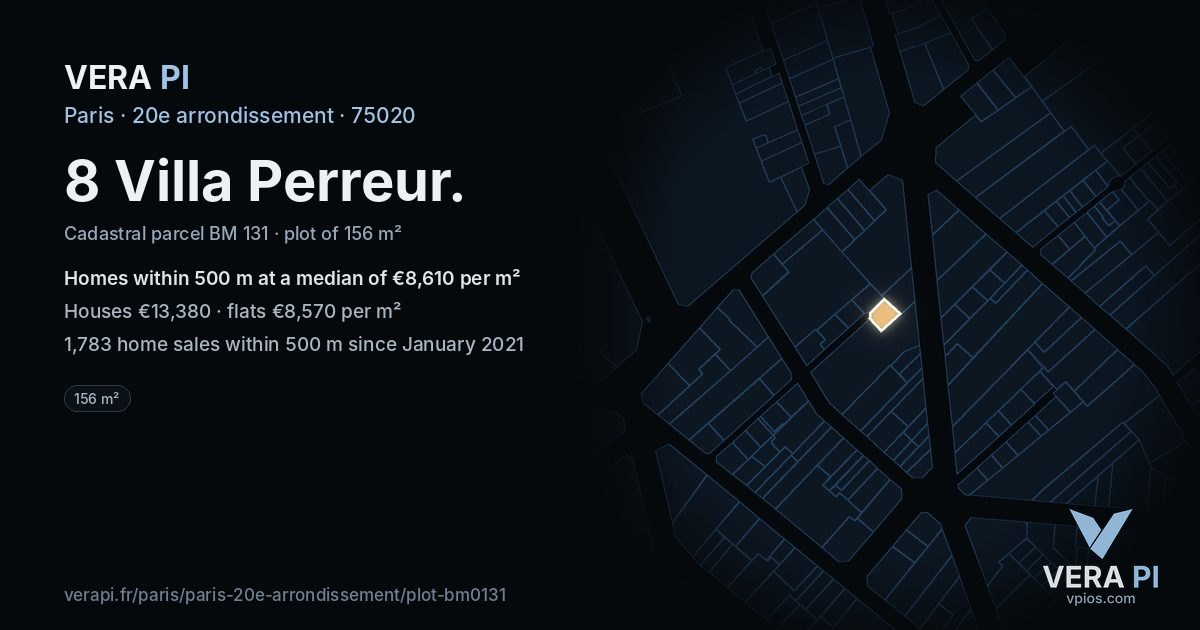8 Villa Perreur, 20e arrondissement at night – the plot lit, the parcels around coloured by the prices near them
