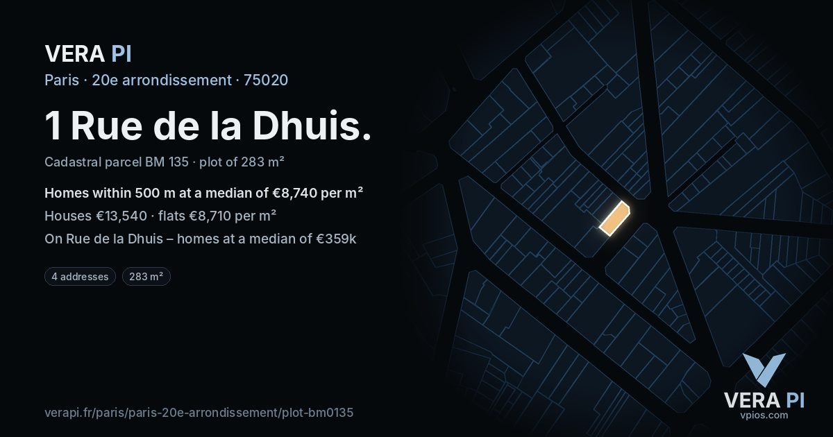1 Rue de la Dhuis, 20e arrondissement at night – the plot lit, the parcels around coloured by the prices near them