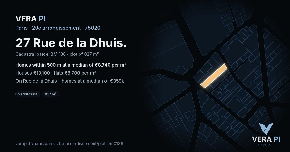 27 Rue de la Dhuis, 20e arrondissement at night – the plot lit, the parcels around coloured by the prices near them