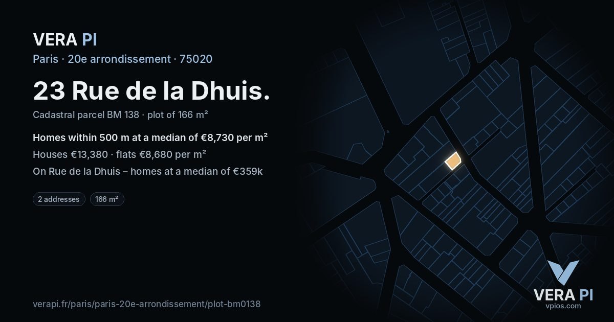 23 Rue de la Dhuis, 20e arrondissement at night – the plot lit, the parcels around coloured by the prices near them