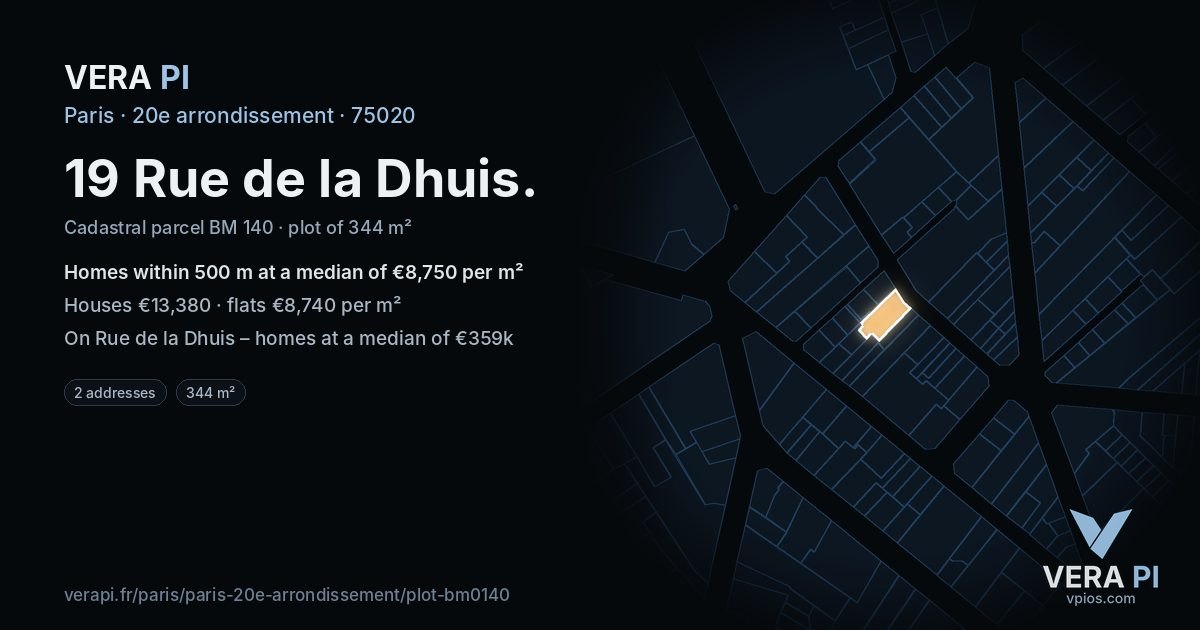 19 Rue de la Dhuis, 20e arrondissement at night – the plot lit, the parcels around coloured by the prices near them