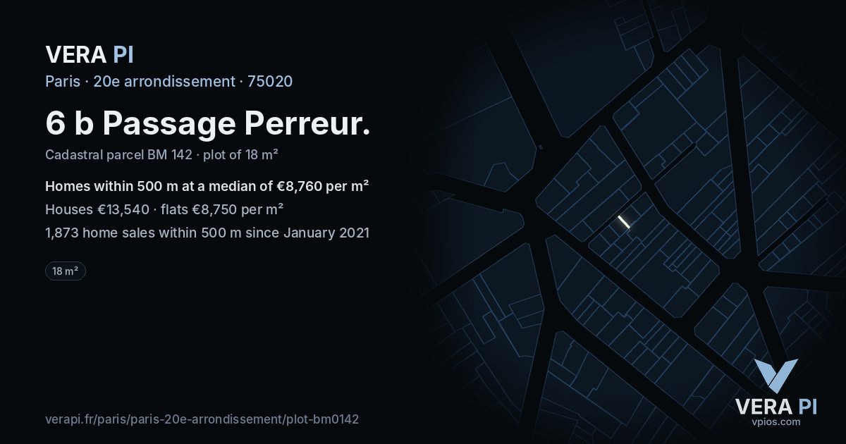 6 b Passage Perreur, 20e arrondissement at night – the plot lit, the parcels around coloured by the prices near them