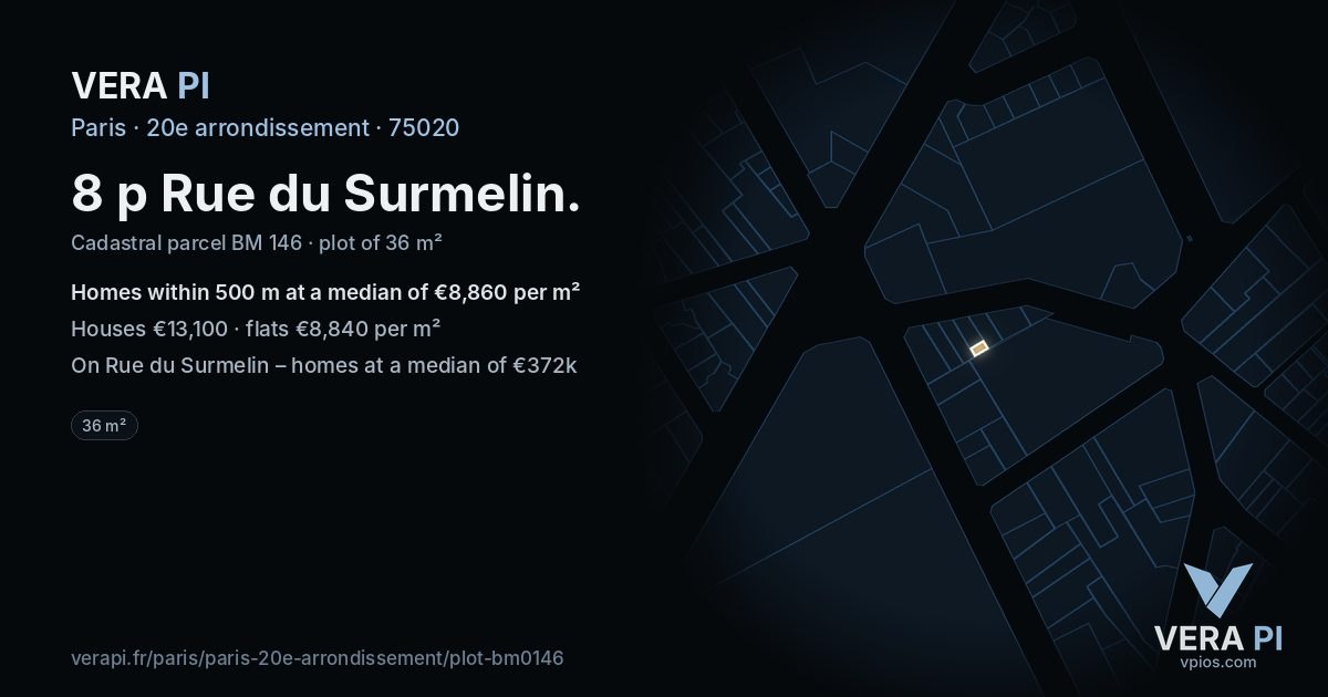 8 p Rue du Surmelin, 20e arrondissement at night – the plot lit, the parcels around coloured by the prices near them