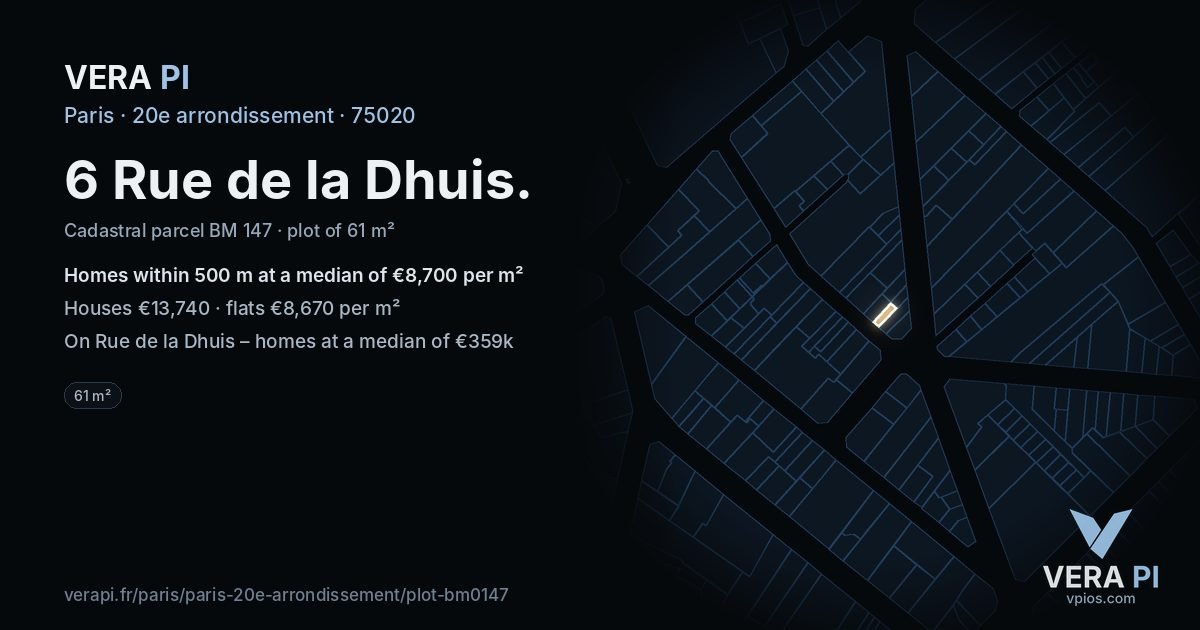 6 Rue de la Dhuis, 20e arrondissement at night – the plot lit, the parcels around coloured by the prices near them