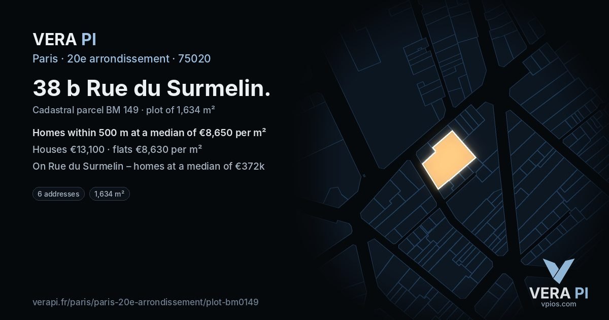 38 b Rue du Surmelin, 20e arrondissement at night – the plot lit, the parcels around coloured by the prices near them