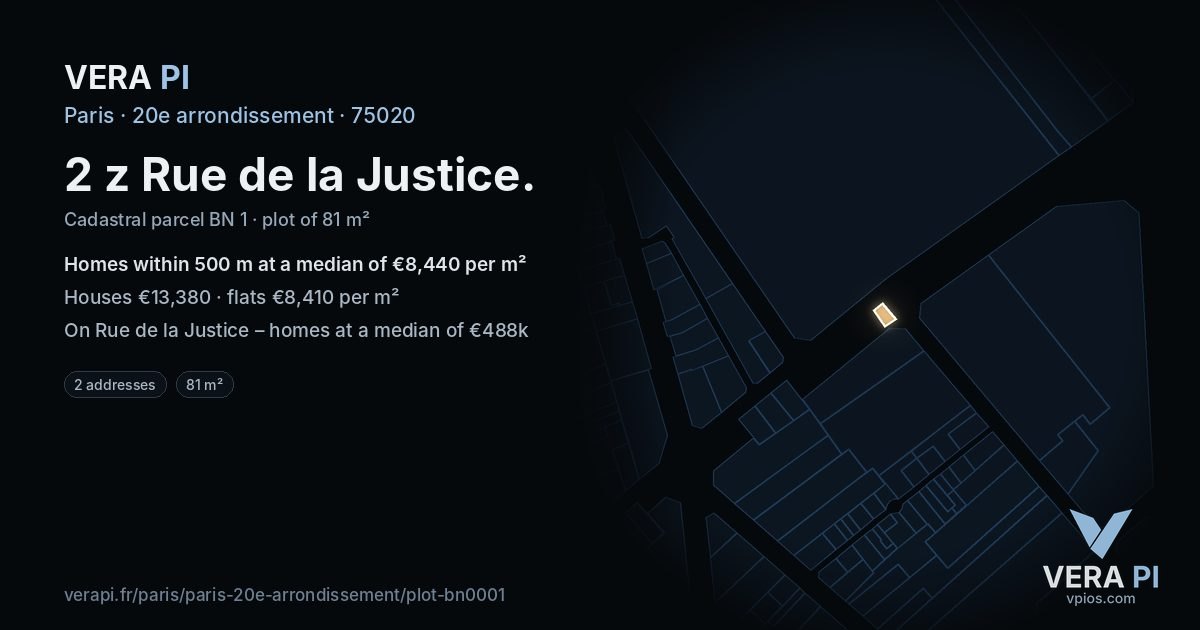 2 z Rue de la Justice, 20e arrondissement at night – the plot lit, the parcels around coloured by the prices near them