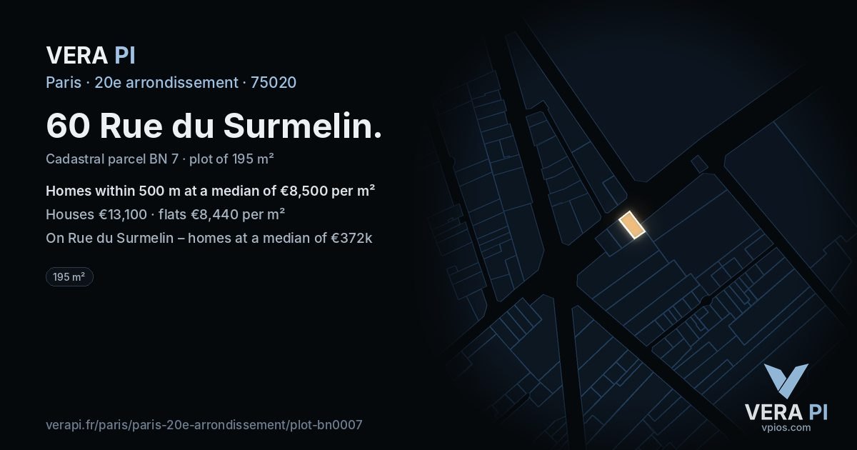 60 Rue du Surmelin, 20e arrondissement at night – the plot lit, the parcels around coloured by the prices near them