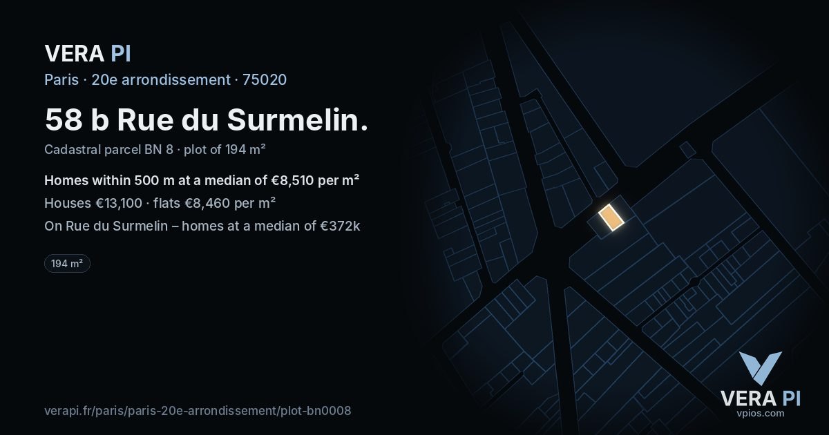 58 b Rue du Surmelin, 20e arrondissement at night – the plot lit, the parcels around coloured by the prices near them