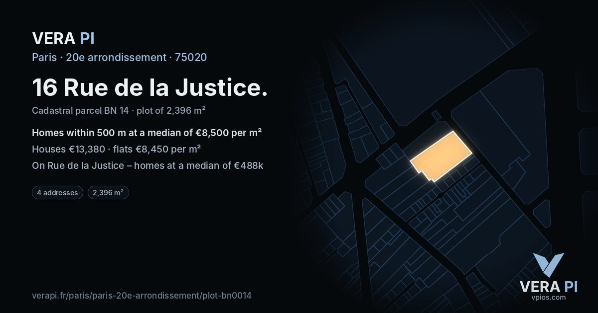 16 Rue de la Justice, 20e arrondissement at night – the plot lit, the parcels around coloured by the prices near them