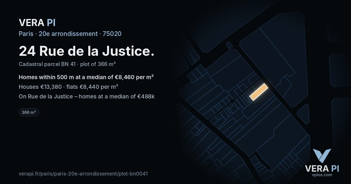 24 Rue de la Justice, 20e arrondissement at night – the plot lit, the parcels around coloured by the prices near them