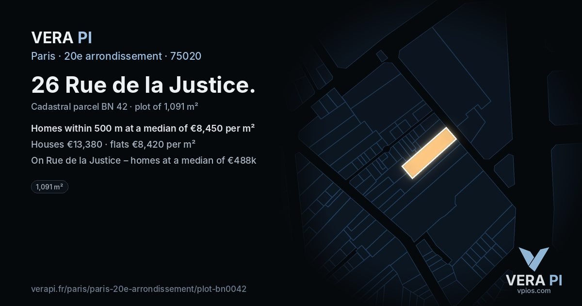 26 Rue de la Justice, 20e arrondissement at night – the plot lit, the parcels around coloured by the prices near them