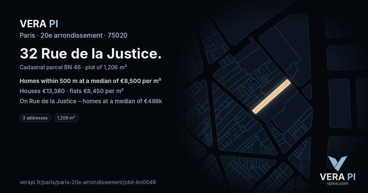 32 Rue de la Justice, 20e arrondissement at night – the plot lit, the parcels around coloured by the prices near them