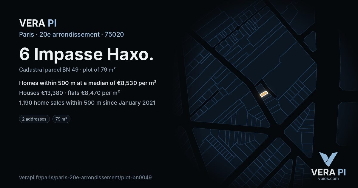 6 Impasse Haxo, 20e arrondissement at night – the plot lit, the parcels around coloured by the prices near them
