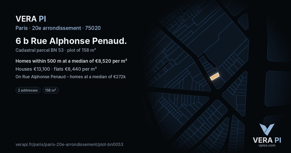 6 b Rue Alphonse Penaud, 20e arrondissement at night – the plot lit, the parcels around coloured by the prices near them