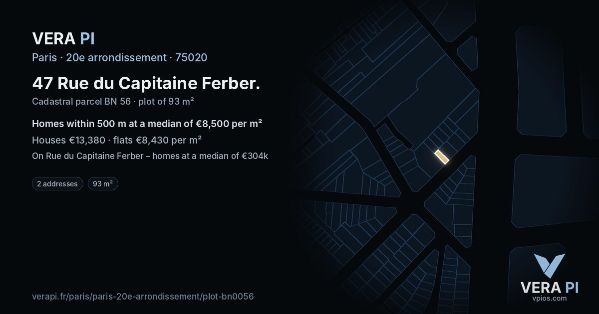 47 Rue du Capitaine Ferber, 20e arrondissement at night – the plot lit, the parcels around coloured by the prices near them