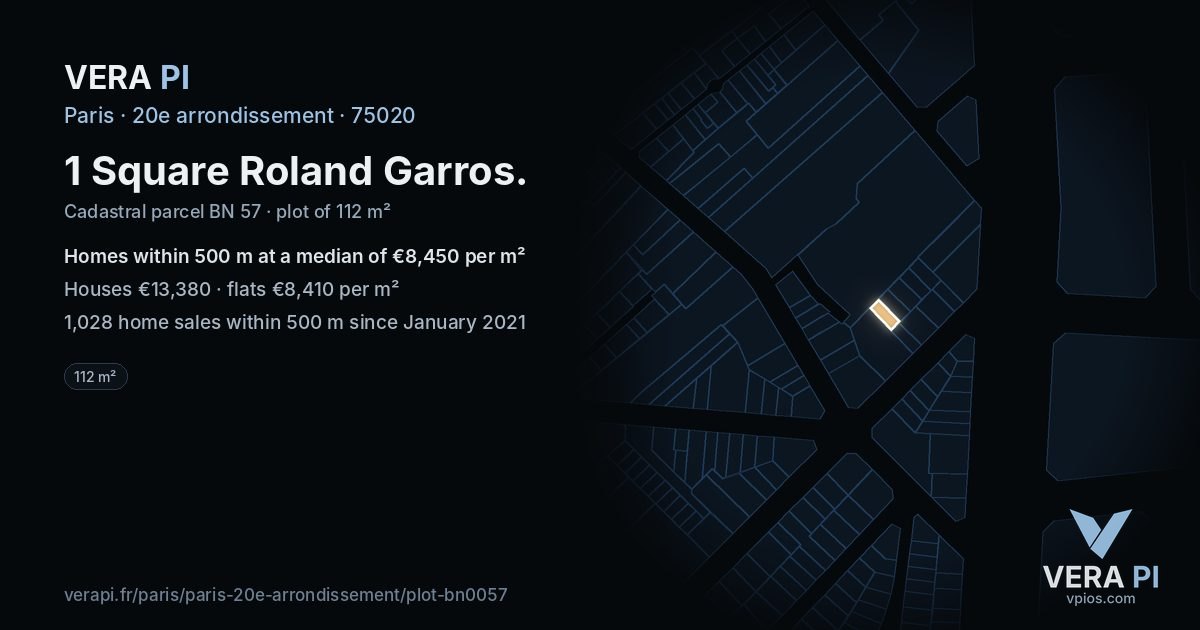 1 Square Roland Garros, 20e arrondissement at night – the plot lit, the parcels around coloured by the prices near them