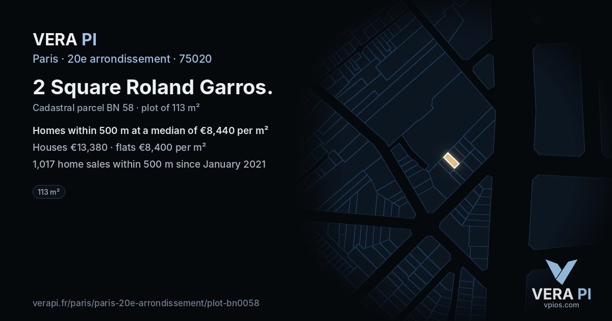 2 Square Roland Garros, 20e arrondissement at night – the plot lit, the parcels around coloured by the prices near them