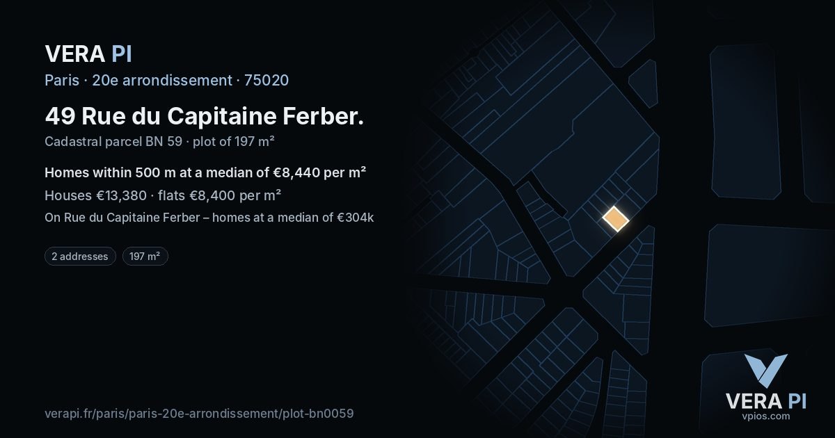 49 Rue du Capitaine Ferber, 20e arrondissement at night – the plot lit, the parcels around coloured by the prices near them
