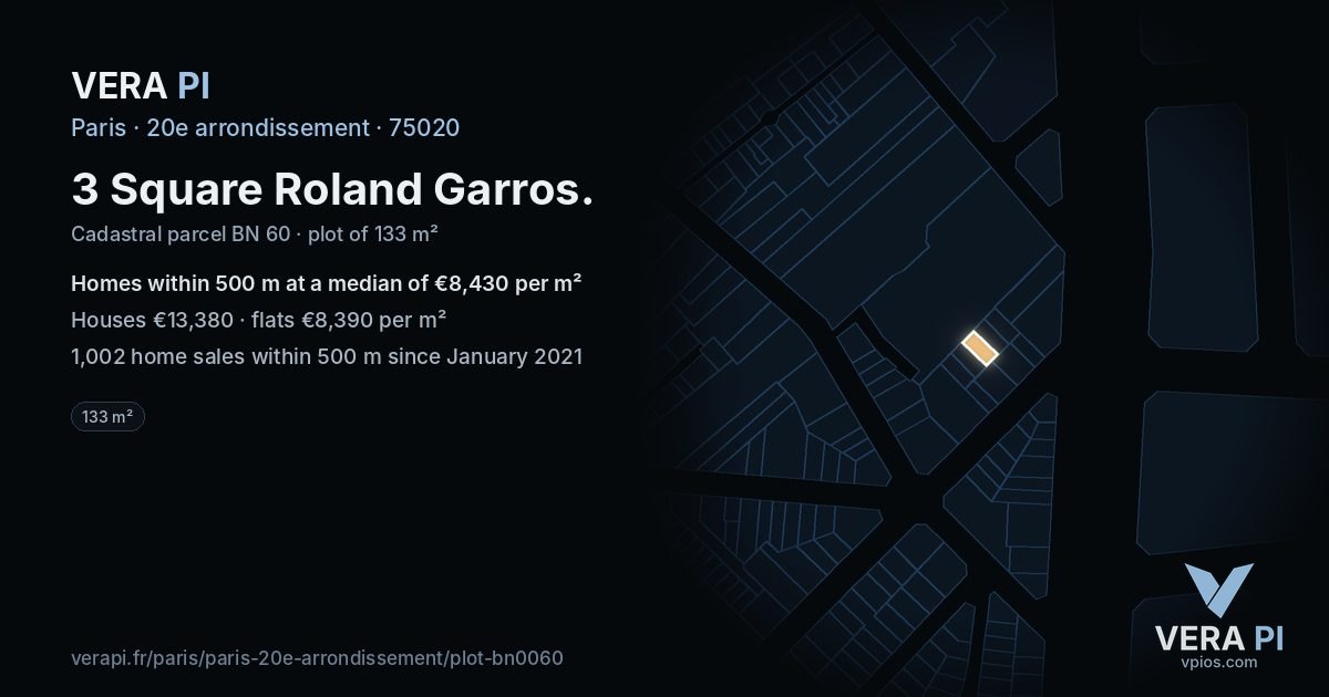 3 Square Roland Garros, 20e arrondissement at night – the plot lit, the parcels around coloured by the prices near them