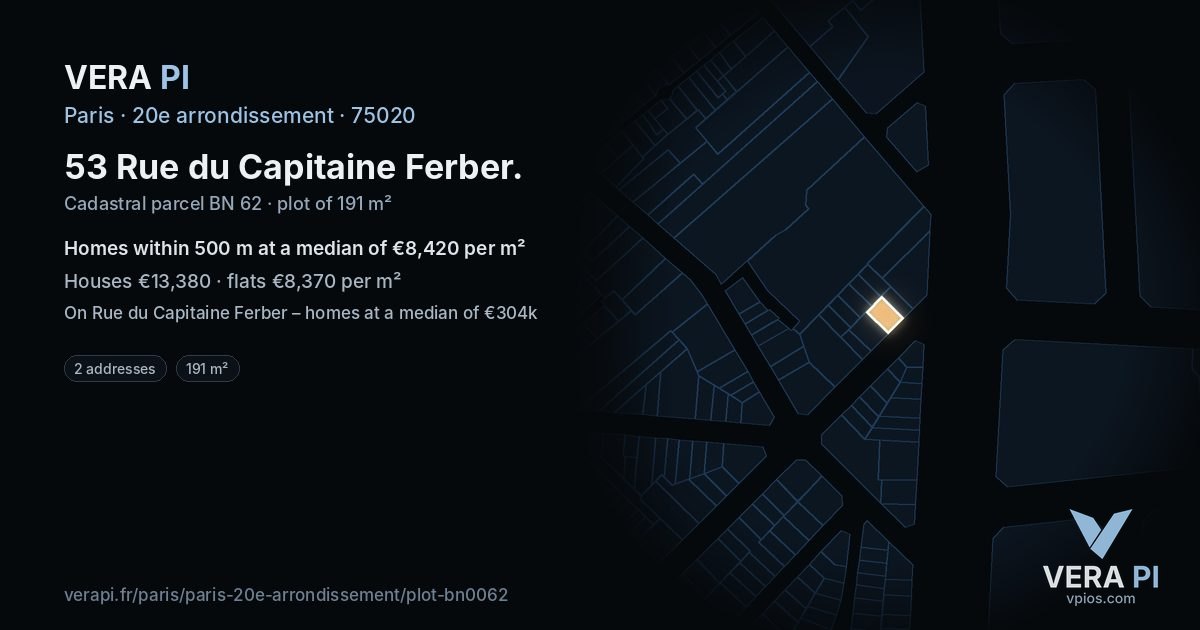 53 Rue du Capitaine Ferber, 20e arrondissement at night – the plot lit, the parcels around coloured by the prices near them