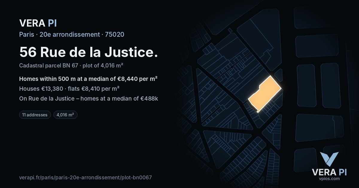 56 Rue de la Justice, 20e arrondissement at night – the plot lit, the parcels around coloured by the prices near them