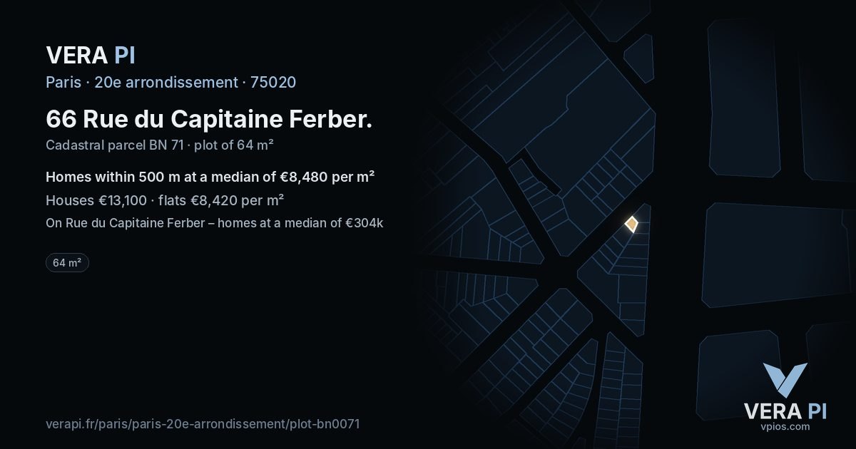 66 Rue du Capitaine Ferber, 20e arrondissement at night – the plot lit, the parcels around coloured by the prices near them